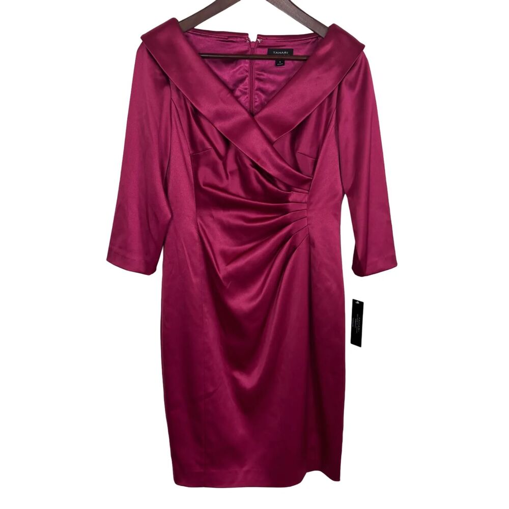NWT Tahari Arthur Levine Magenta Cocktail Silky Shawl Dress Women's 6
